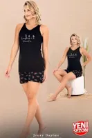 Sıfır Kollu Desenli Viskon Kumaş Şortlu Kadın Pijama Takımı Lady 7733 Siyah