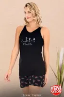 Sıfır Kollu Desenli Viskon Kumaş Şortlu Kadın Pijama Takımı Lady 7733 Siyah detay görünüm