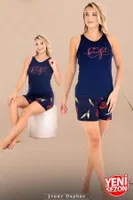 Sıfır Kollu Viskon Çiçek Desenli Şortlu Pijama Takımı Lady 7728  Lacivert