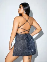Simli Işıltılı Seksi Mini Büyük Beden Kulüp Elbise Pink Night 6515 Antrasit detay görünüm
