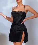 Sırt Dekolteli Çapraz Bağlamalı Saten Fantazi Gecelik Lily Bianca 452 Siyah
