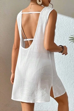 Angelsin Sırt Dekolteli Yırtmaçlı Pareo Plaj Elbisesi Angelsin MS4381 Beyaz - Alternatif Görünüm