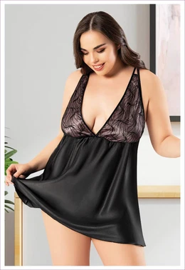 Miss Laris Sırtı Çapraz Askılı Büyük Beden İnce Askılı Siyah Saten Gecelik Miss Laris 4041