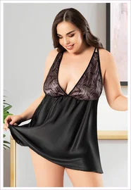 Miss Laris Sırtı Çapraz Askılı Büyük Beden İnce Askılı Siyah Saten Gecelik Miss Laris 4041