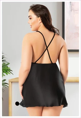 Miss Laris Sırtı Çapraz Askılı Büyük Beden İnce Askılı Siyah Saten Gecelik Miss Laris 4041 - Alternatif Görünüm