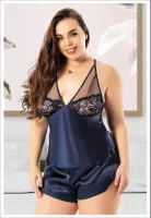 Sırtı Çapraz Askılı Dantelli Askılı Yırtmaçlı Saten Şort Pijama Takım Miss Laris 4238 Lacivert
