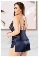 Sırtı Çapraz Askılı Dantelli Askılı Yırtmaçlı Saten Şort Pijama Takım Miss Laris 4238 Lacivert detay görünüm
