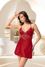 Pink Night Sırtı Çapraz Bağlamalı Kısa Dantelli Saten Gecelik Pink Night 3878