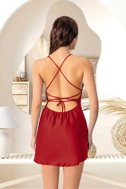 Pink Night Sırtı Çapraz Bağlamalı Kısa Dantelli Saten Gecelik Pink Night 3878 - Alternatif Görünüm