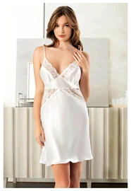 Miss Laris Sırtı V Dantelli İnce Askılı Ekru Saten Gecelik Miss Laris 2120