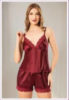 Sırtı V İnce Askılı Dantelli Saten Şort Pijama Takımı Miss Laris 3130 Bordo