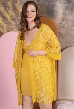 İzabel Sarı 3lü Büyük Beden Dantelli Gecelik Sabahlık Takımı İzabel 6001 - Alternatif Görünüm