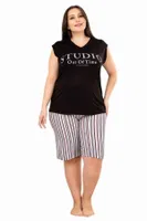 Siyah Beyaz Büyük Beden Çizgili Desen Şort Takım Lady 10402 Siyah