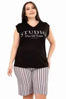 Siyah Beyaz Büyük Beden Çizgili Desen Şort Takım Lady 10402 Siyah farklı açı
