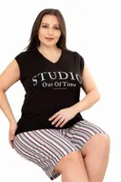 Siyah Beyaz Büyük Beden Çizgili Desen Şort Takım Lady 10402 Siyah görsel 4