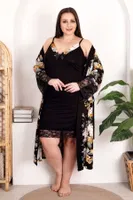 Siyah Çiçek Desenli 2li Gecelik Sabahlık Takımı Lady 19202 Siyah