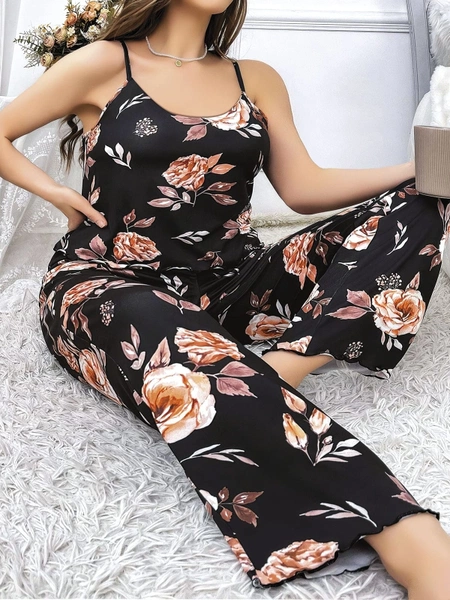 Siyah Çiçek Desenli Pantolon Pijama Takımı Büyük Beden Pink Night 6913