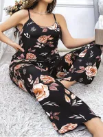 Siyah Çiçek Desenli Pantolon Pijama Takımı Büyük Beden Pink Night 6913 Siyah