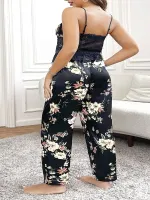 Siyah Çiçekli Büstiyerli Saten Pantolon Pijama Takımı Büyük Beden Pink Night 6911 Siyah detay görünüm