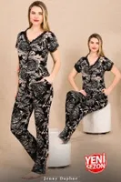 Siyah Çiçekli Desenli Düğmeli Kısa Kollu Pijama Takımı Lady 12499 Siyah