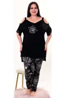 Siyah Çiçekli Rahat Büyük Beden Penye Pijama Takımı Lady 10955 Siyah