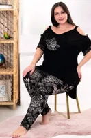 Siyah Çiçekli Rahat Büyük Beden Penye Pijama Takımı Lady 10955 Siyah detay görünüm