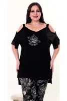 Siyah Çiçekli Rahat Büyük Beden Penye Pijama Takımı Lady 10955 Siyah farklı açı