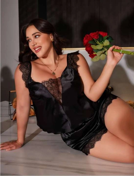 Siyah Dantel Askılı Saten Büyük Beden Şort Takım Real Passione 10008