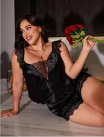 Siyah Dantel Askılı Saten Büyük Beden Şort Takım Real Passione 10008 Siyah