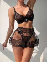 Siyah Dantelli Tül Seksi Sütyen Etek Takım İzabel 13001 Siyah