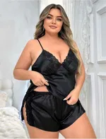 Siyah Dekolteli Saten Askılı Büyük Beden Şort Takım Real Passione 10002 Siyah