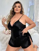 Siyah Dekolteli Saten Askılı Büyük Beden Şort Takım Real Passione 10002 Siyah detay görünüm