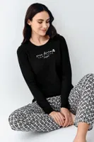 Siyah Desenli Uzun Kollu Yuvarlak Yaka Cepli Kadın Pijama Takımı Pierre Cardin PC9068-S Siyah