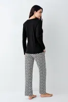 Siyah Desenli Uzun Kollu Yuvarlak Yaka Cepli Kadın Pijama Takımı Pierre Cardin PC9068-S Siyah görsel 4