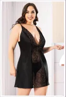 Siyah Ön Kısmı Dantel İnce Askılı Saten Büyük Beden Gecelik Miss Laris 4047 Siyah