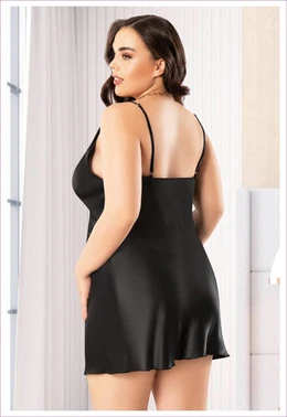 Miss Laris Siyah Ön Kısmı Dantel İnce Askılı Saten Büyük Beden Gecelik Miss Laris 4047 - Alternatif Görünüm