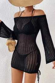 Angelsin Siyah Örme Yanlardan Büzgülü Uzun Kollu Plaj Elbisesi Pareo Angelsin MS 4379