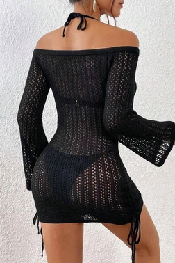 Angelsin Siyah Örme Yanlardan Büzgülü Uzun Kollu Plaj Elbisesi Pareo Angelsin MS 4379 - Alternatif Görünüm