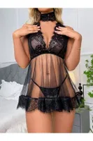 Siyah Özel Fantezi Gecelik Seksi Şık Tasarım Transparan Dantel Detaylı Loomerie 524 Siyah