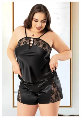 Miss Laris Siyah Parça Dantelli İnce Askılı Saten Şort Pijama Takım Miss Laris 4236 - Alternatif Görünüm