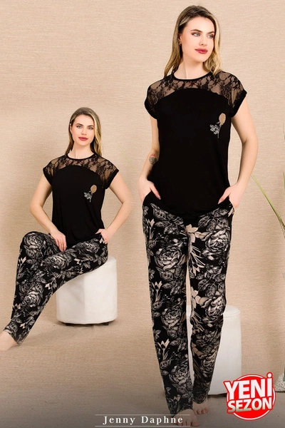 Siyah Renk Çiçekli Alt Pijama Omuzlar Dantel Pijama Takımı Lady 12488
