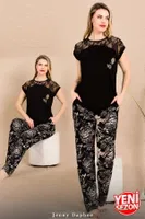 Siyah Renk Çiçekli Alt Pijama Omuzlar Dantel Pijama Takımı Lady 12488 Siyah