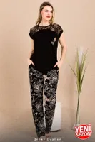 Siyah Renk Çiçekli Alt Pijama Omuzlar Dantel Pijama Takımı Lady 12488 Siyah detay görünüm