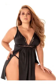 SHE Siyah Seksi Büyük Beden Mini Dekolteli Gecelik SHE 2036