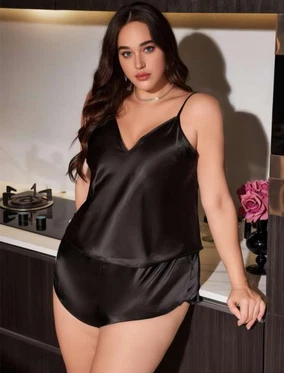 Real Passione Siyah Seksi Saten Büyük Beden Şort Takım Real Passione 10006 - Alternatif Görünüm