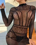 Siyah Taşlı Elbise Mini Vücut Çorabı Miss Feliz 1029 Siyah detay görünüm