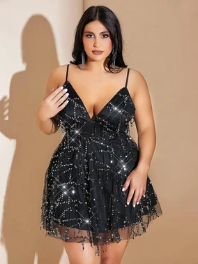 Pink Night Siyah Tül Detaylı Payetli Büyük Beden Mini Seksi Gece Elbisesi Pink Night 6502 - Alternatif Görünüm