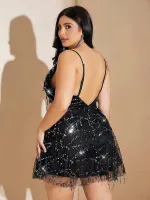 Siyah Tül Detaylı Payetli Büyük Beden Mini Seksi Gece Elbisesi Pink Night 6502 Siyah farklı açı