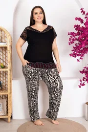 Lady Siyah Zebra Desenli Kısa Kol Büyük Beden Pijama Takımı Lady 10951