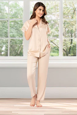 Pink Night Somon Kısa Kollu Kolları Dantel Gömlek Pijama Takım Pink Night 1204 - Alternatif Görünüm